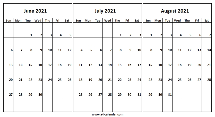 June To August 2021 Calendar To Print - A4 Calendar Printable Calendar June July August 2021