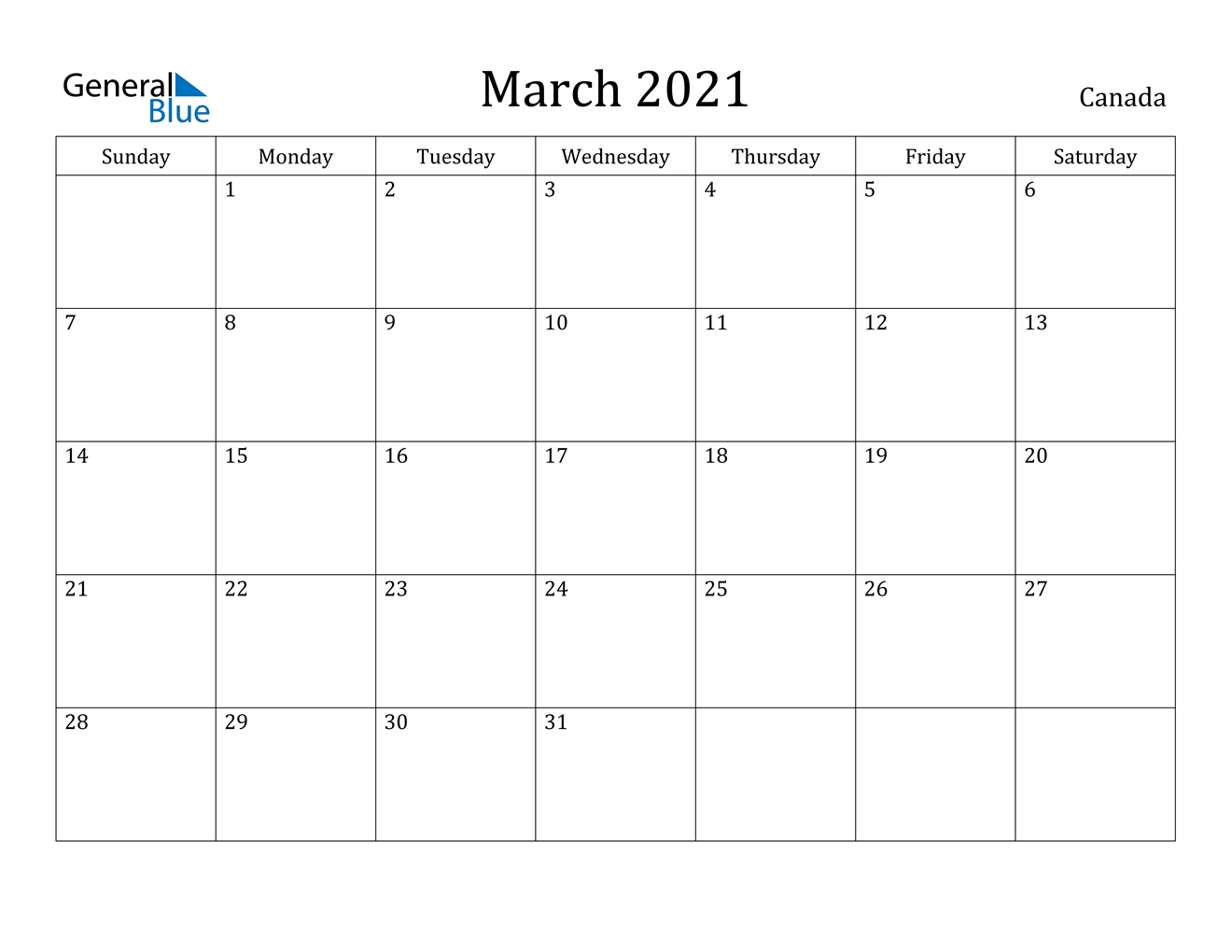 March 2021 Calendar - Canada March To June 2021 Calendar
