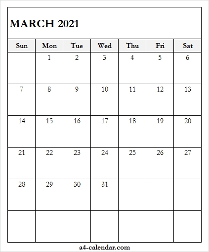 March 2021 Calendar Printable - A4 Calendar September 2020 To March 2021 Calendar