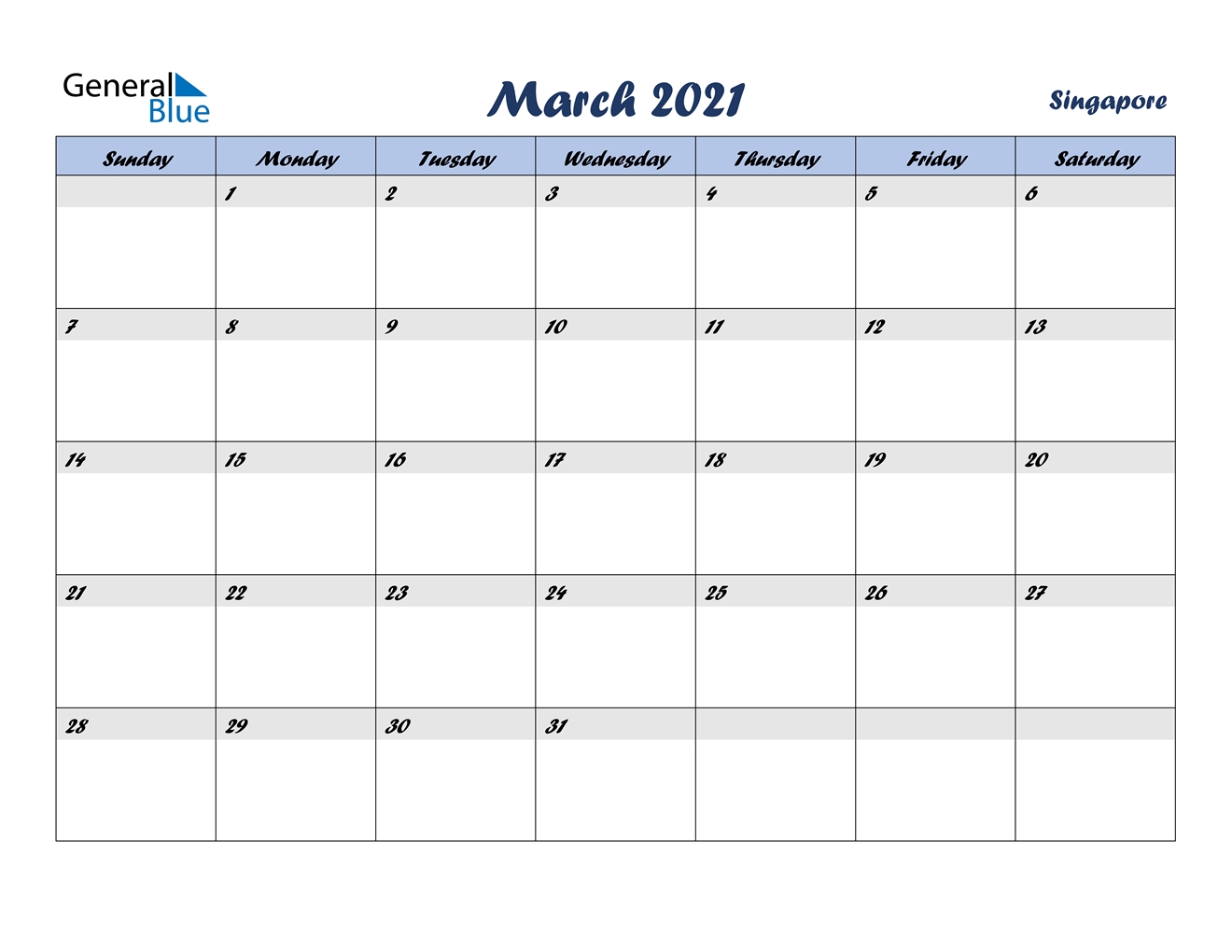 March 2021 Calendar - Singapore September 2021 Calendar Singapore