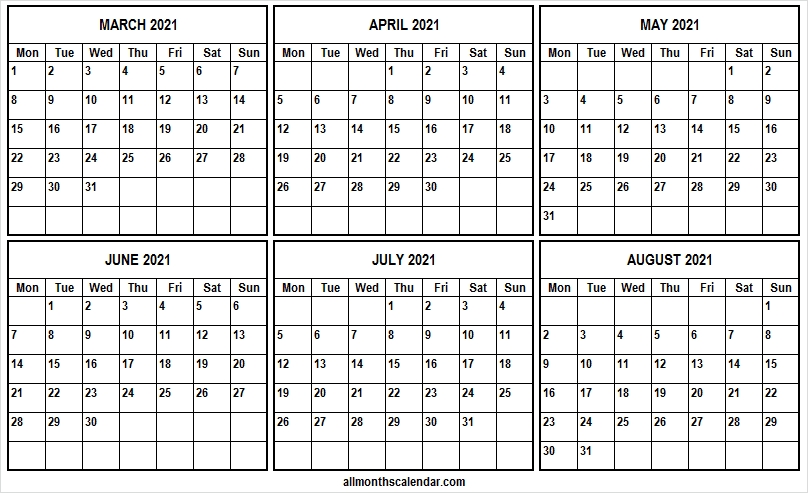 March To August 2021 Printable Calendar - Print Online Calendar Template How Many Months To August 2021