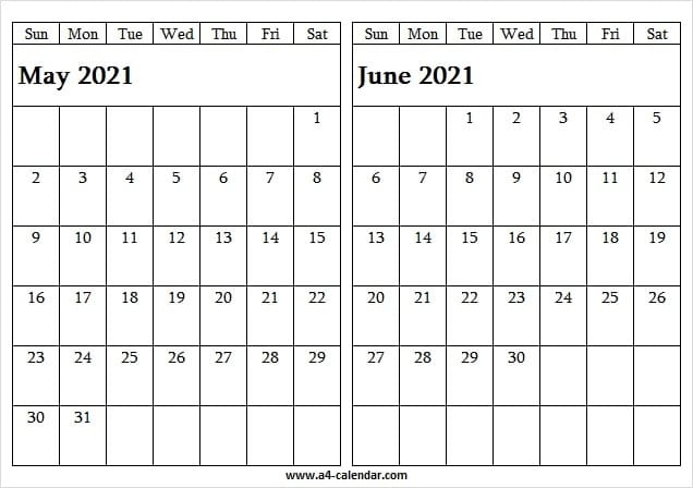 May June 2021 Calendar Page - A4 Calendar May And June 2021 Calendar Excel