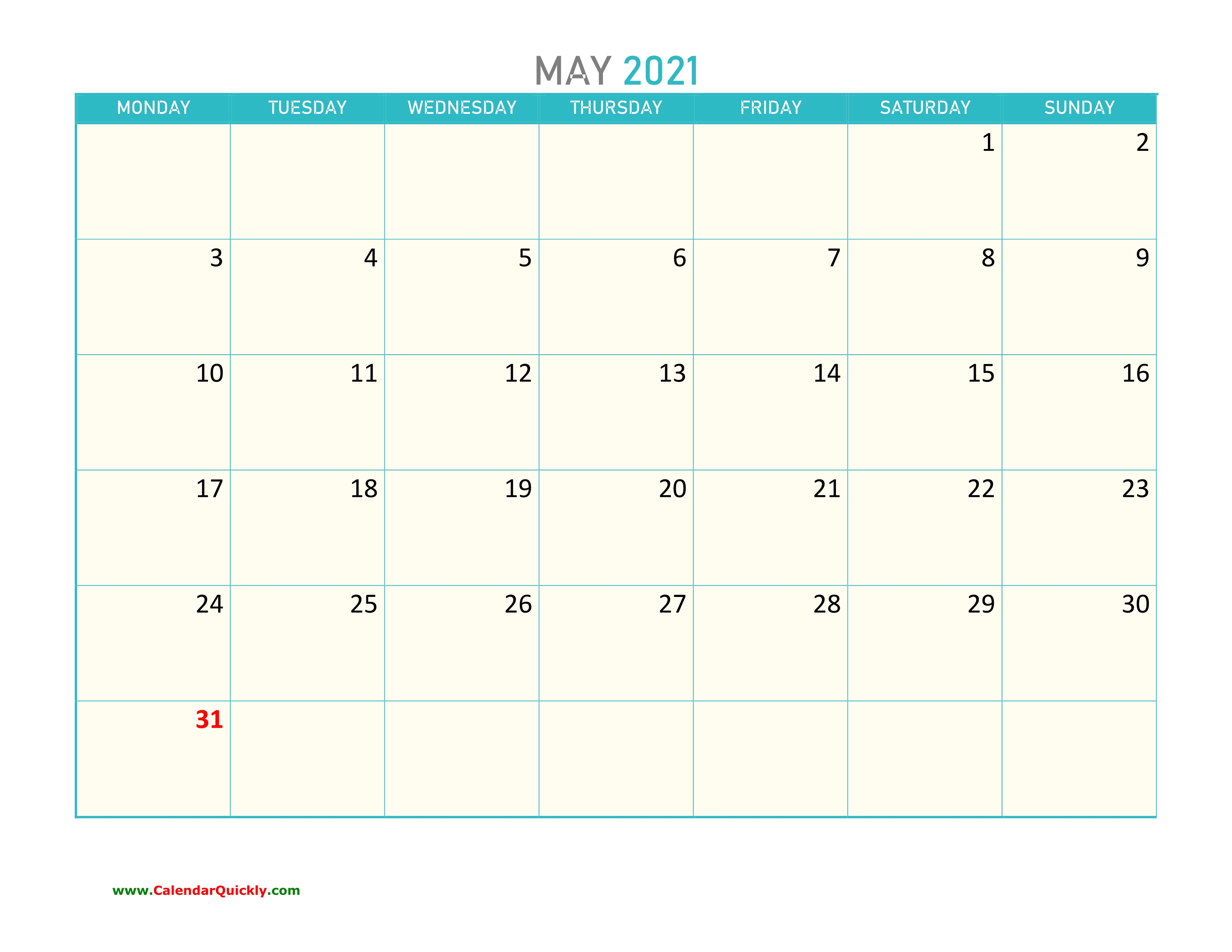 May Monday 2021 Calendar Printable | Calendar Quickly June 2021 Calendar Monday Start