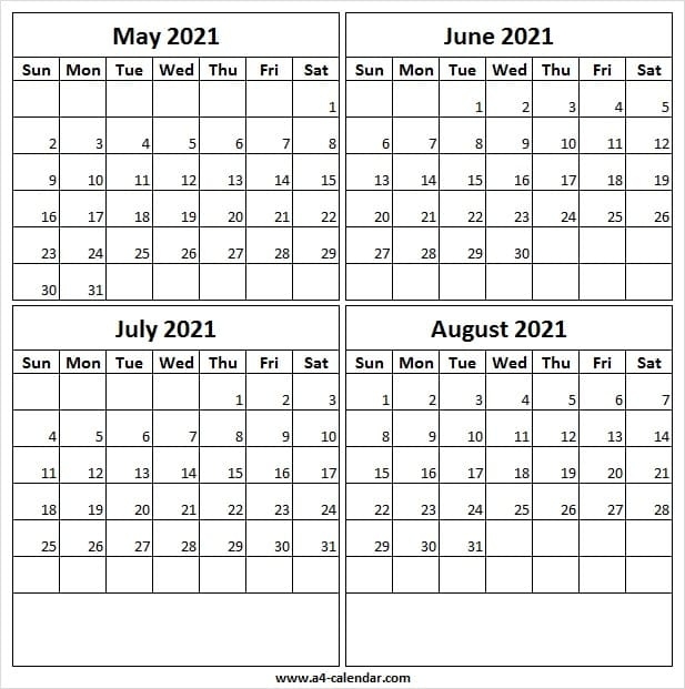 May To August 2021 Calendar Printable Template - A4 Calendar August 2021 Calendar Hindi