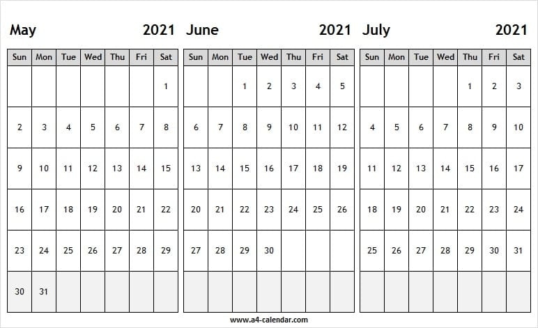 May To July 2021 Printable Calendar - May 2021 Calendar A4 May Thru August 2021 Calendar
