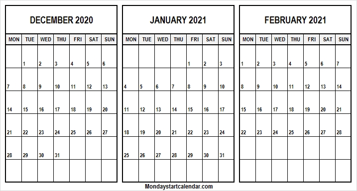 Monday Start Dec 2020 To Feb 2021 Calendar | Excel | Pdf | Word | Png December 2021 Editable Calendar