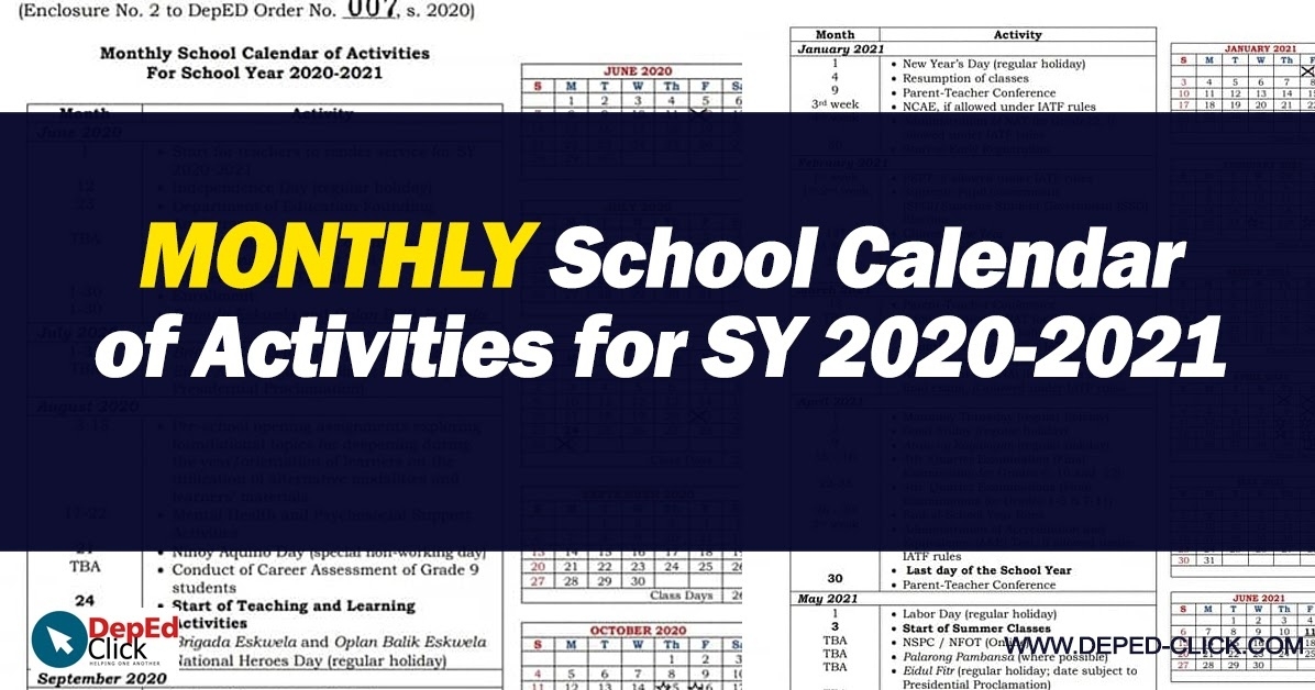 Monthly School Calendar Of Activities For Sy 2020-2021 - Teachers Click Deped Calendar Of Activities October 2020 To 2021