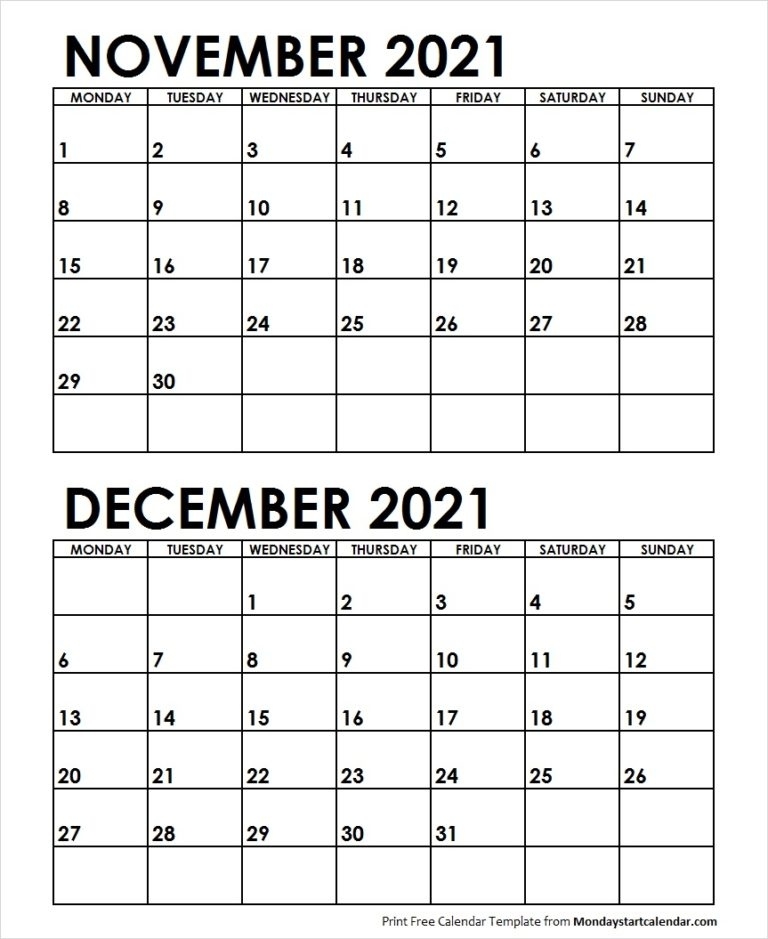Nov Dec 2021 Calendar Monday Start | Editable Two Months Template November 2021 Calendar Starting Monday