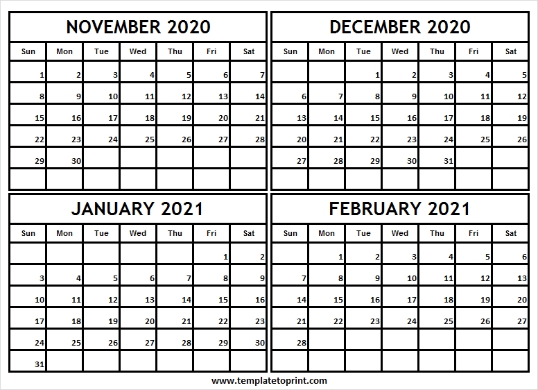 November 2020 To February 2021 Calendar Template | 4 Month Calendar November 2020 - February 2021 Calendar