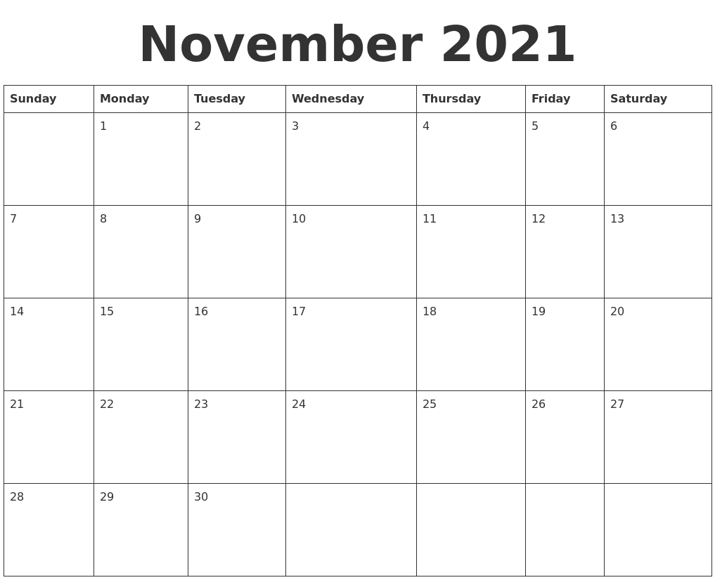 November 2021 Blank Calendar Template November 2020 - March 2021 Calendar