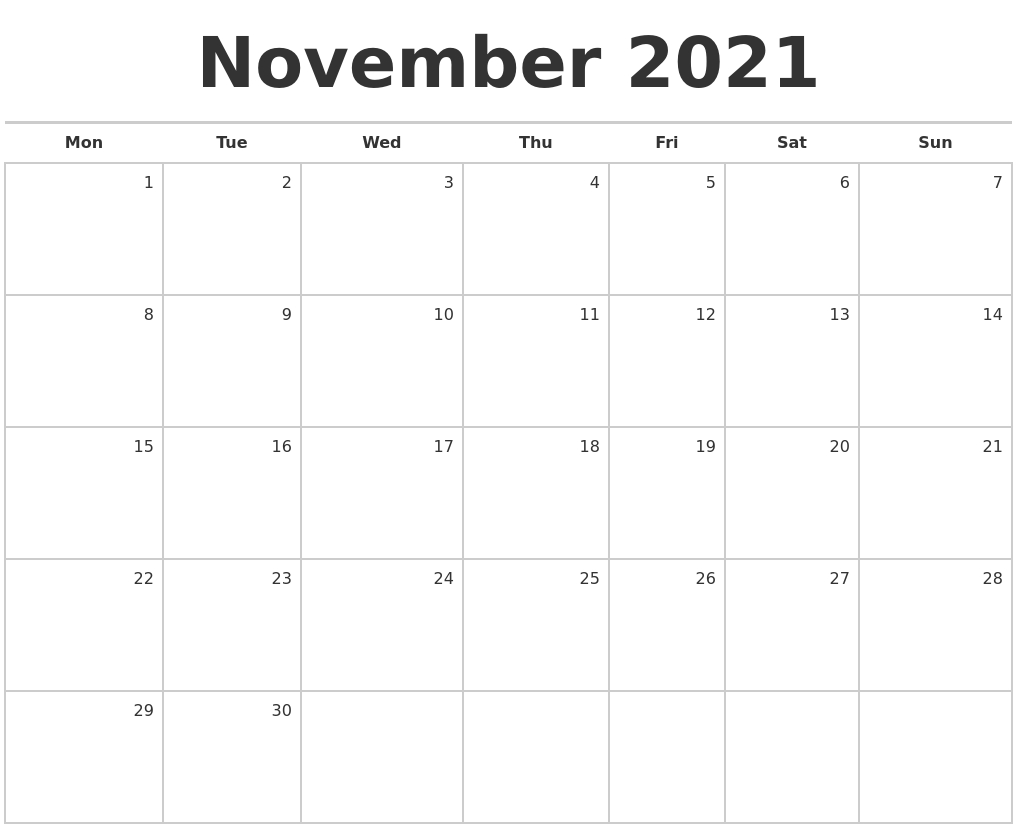November 2021 Blank Monthly Calendar 2021 Calendar November Month