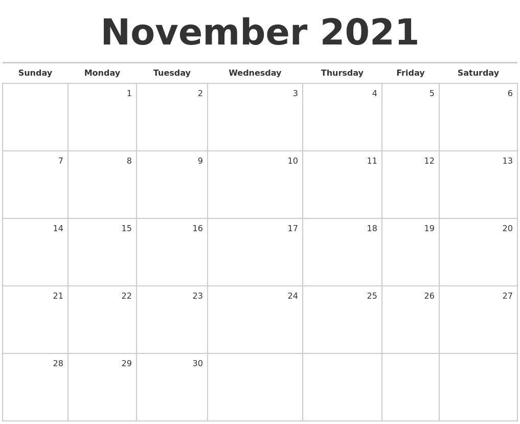 November 2021 Blank Monthly Calendar November 2021 Calendar Kalnirnay