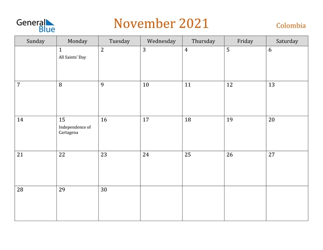 November 2021 Calendar - Colombia November 2021 Bengali Calendar