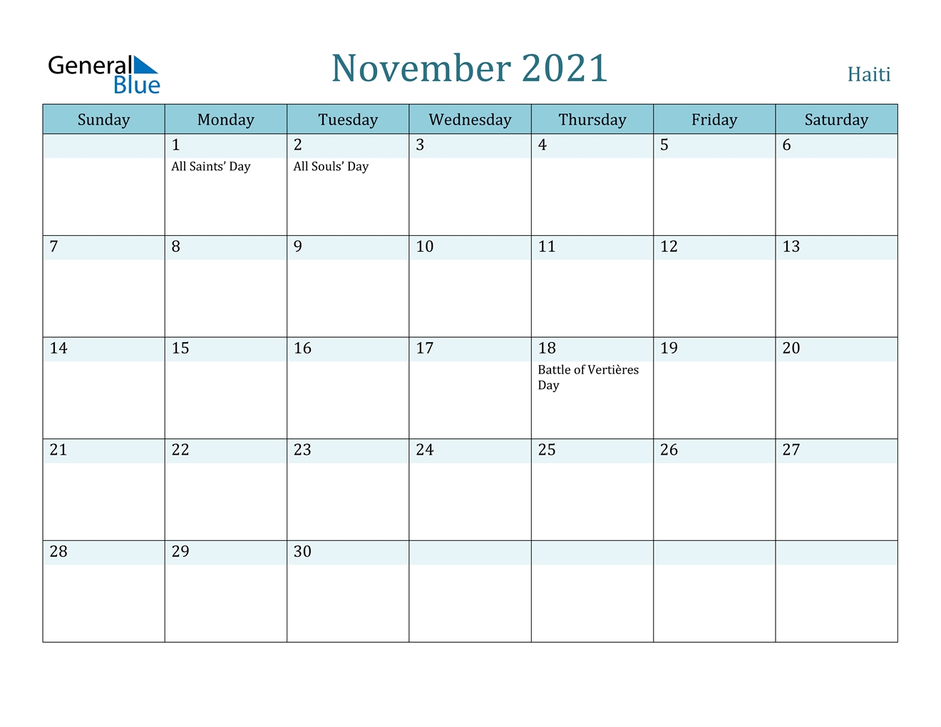 November 2021 Calendar - Haiti 2021 Calendar Of November