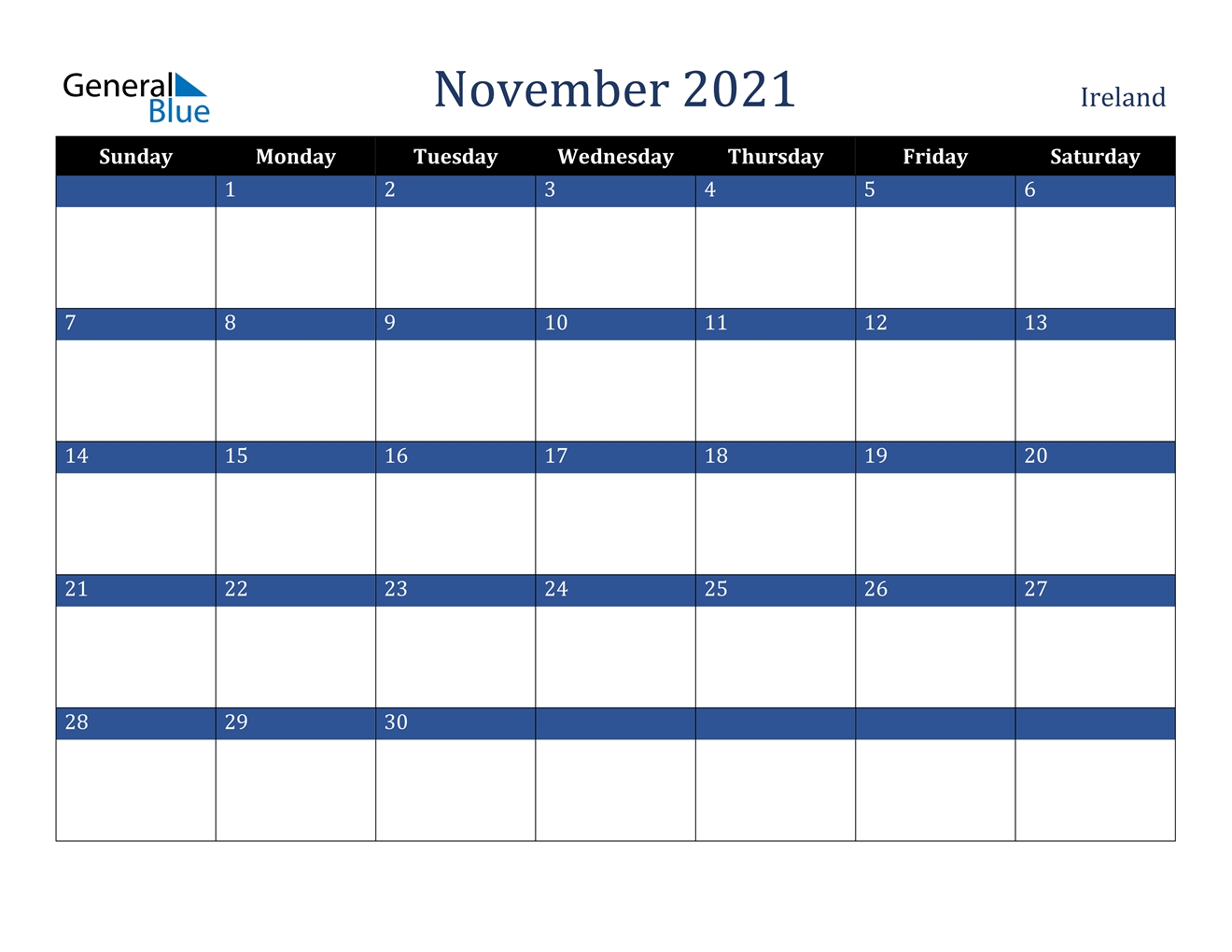 November 2021 Calendar - Ireland August 2021 Calendar Ireland