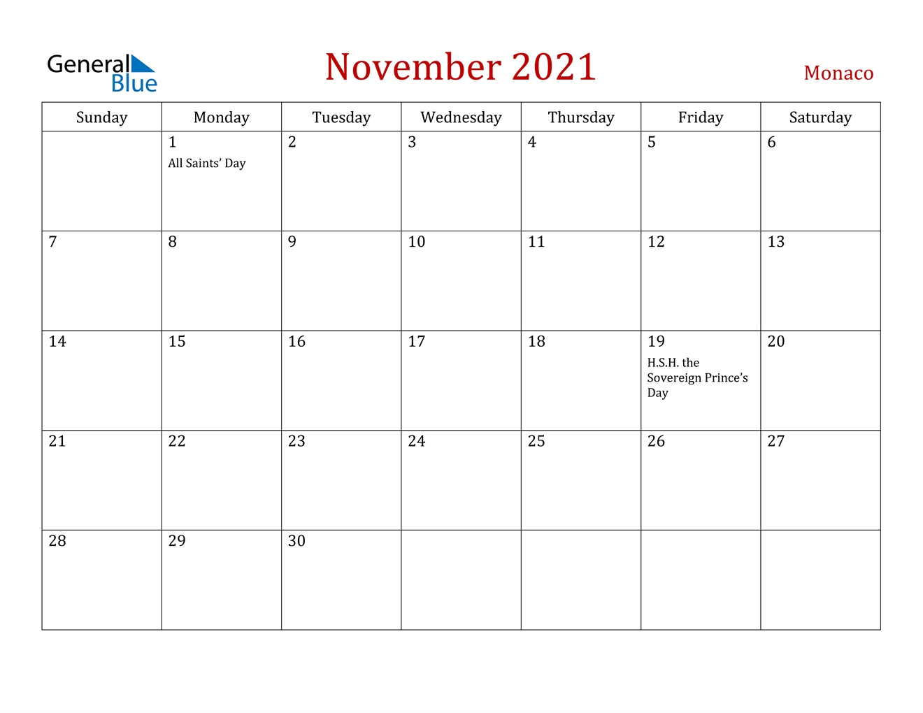November 2021 Calendar - Monaco 2021 Calendar Of November