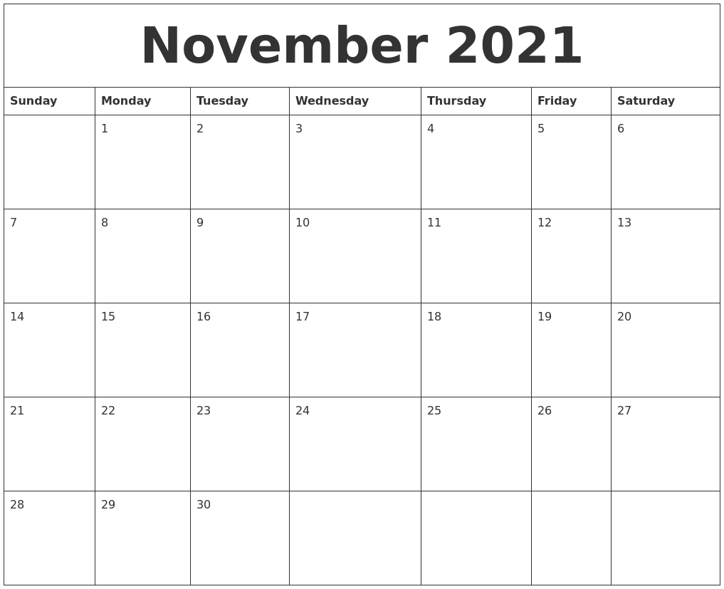 November 2021 Calendar Monthly 2021 Calendar November Month