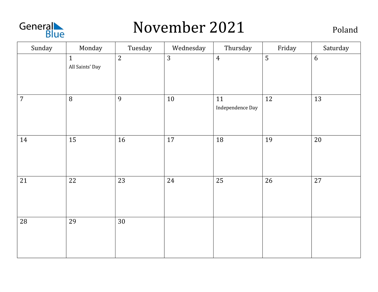 November 2021 Calendar - Poland November 2021 Calendar Holidays