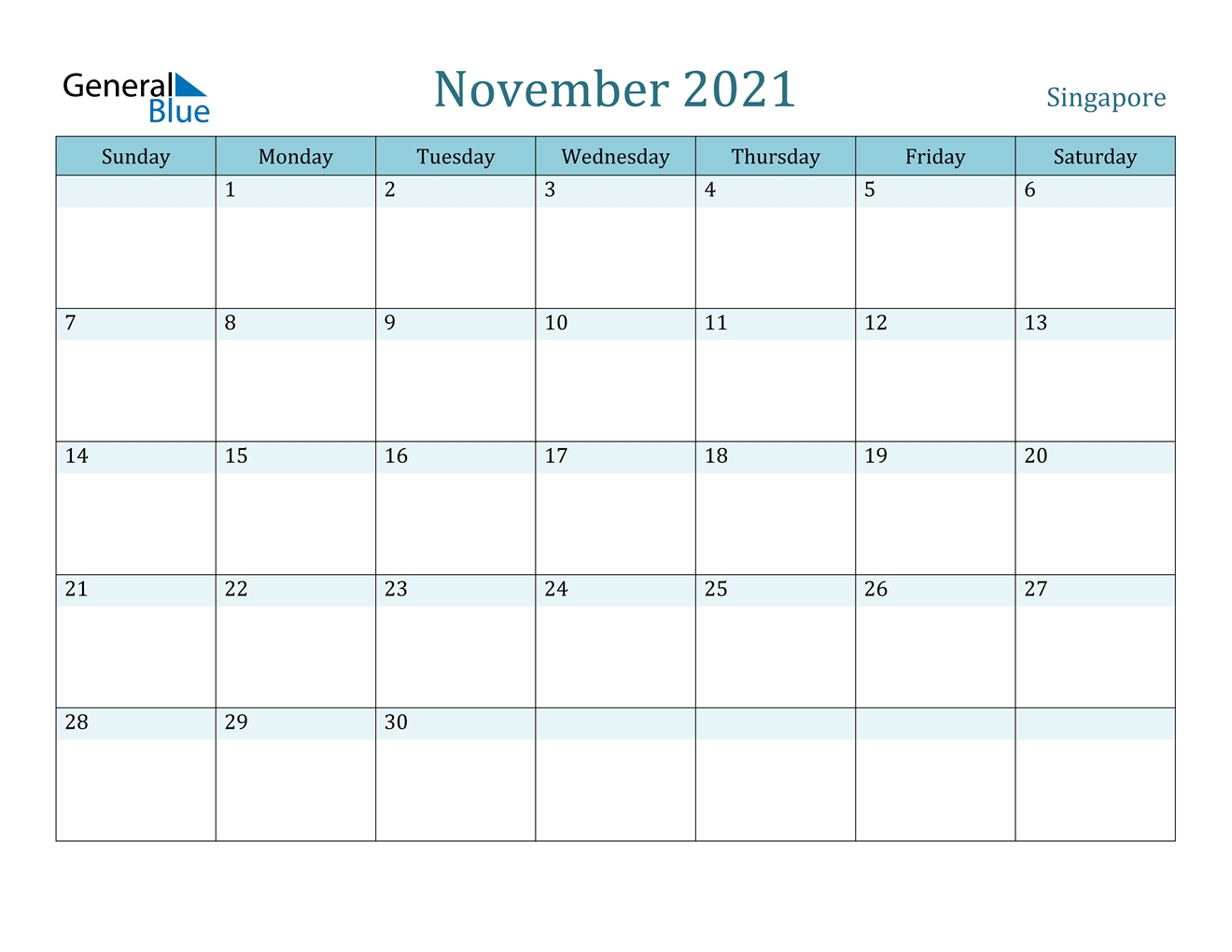 November 2021 Calendar - Singapore November 2021 Blank Calendar