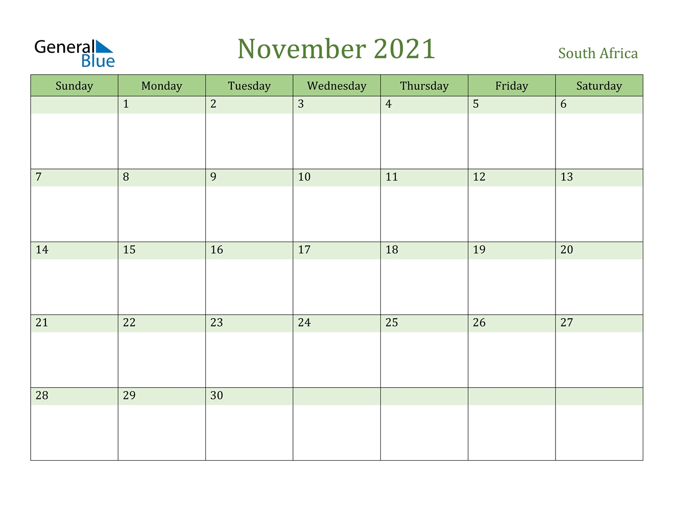 November 2021 Calendar - South Africa November 2021 Calendar Free Printable