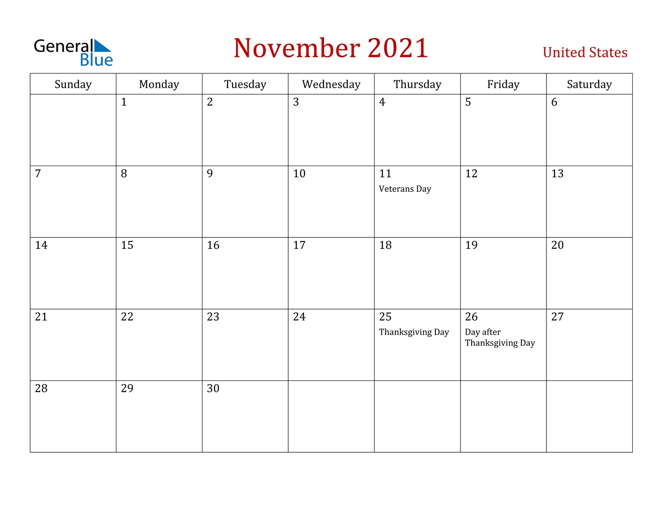 November 2021 Calendar - United States November 2021 Blank Calendar