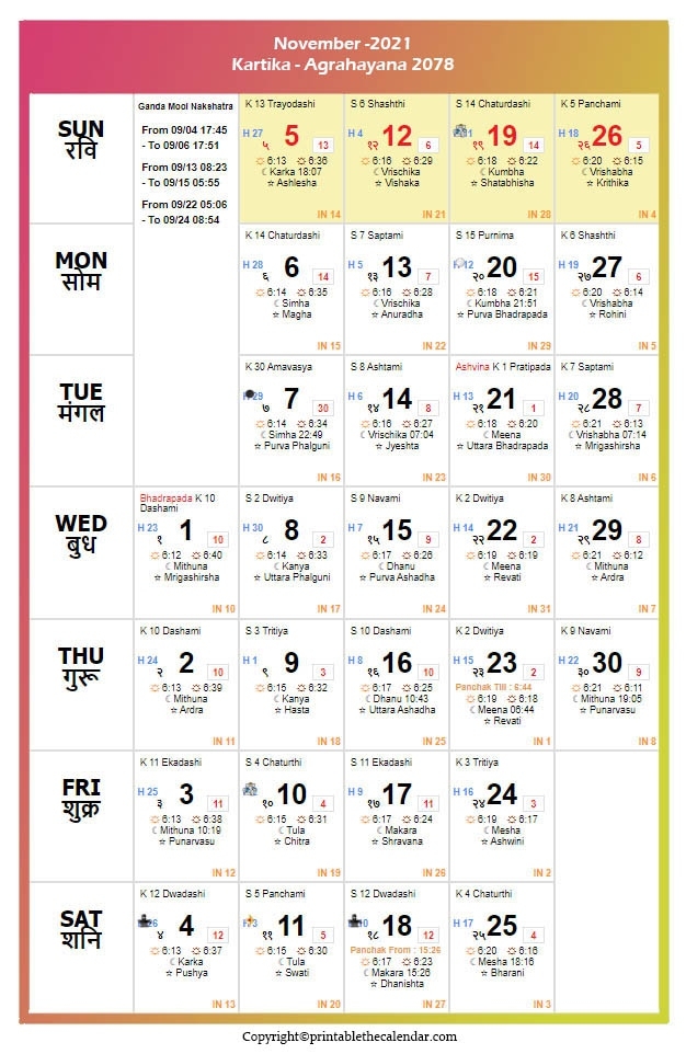 November 2021 Hindu Calendar | Printable The Calendar 2021 Telugu Calendar November Month