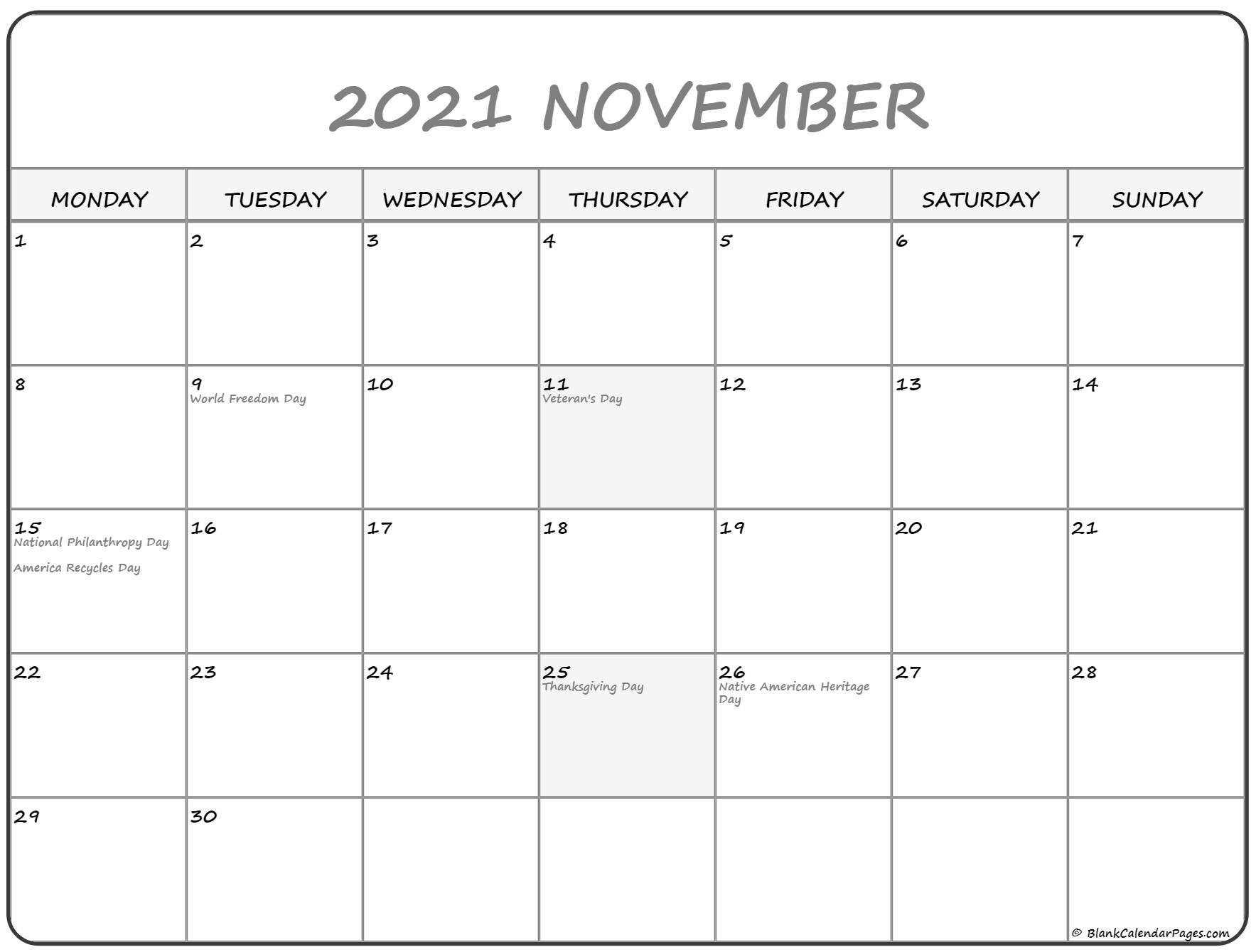 November 2021 Monday Calendar Monday To Sunday - Calendar Template 2021 November 2021 Calendar Kalnirnay