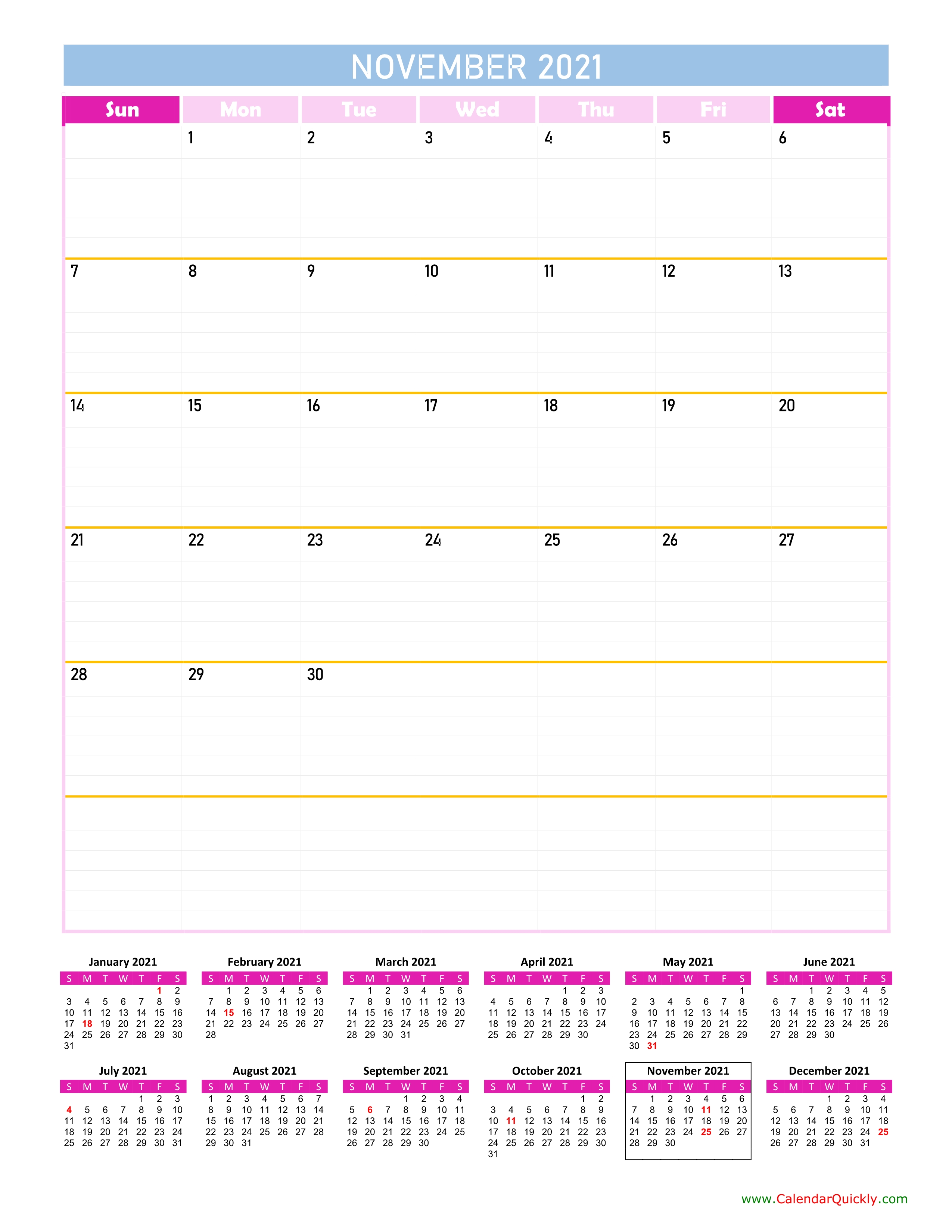November Calendar 2021 Vertical | Calendar Quickly November 2021 Calendar Starting Monday
