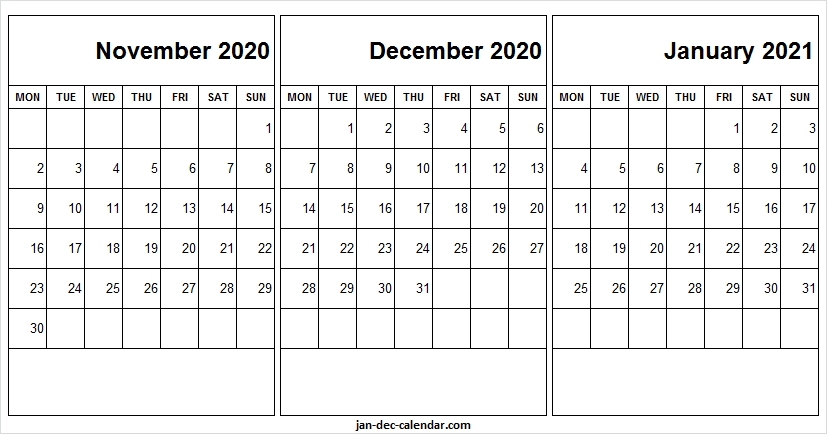 November December 2020 January 2021 Calendar - Blank Calendar 2020 November 2020 - February 2021 Calendar