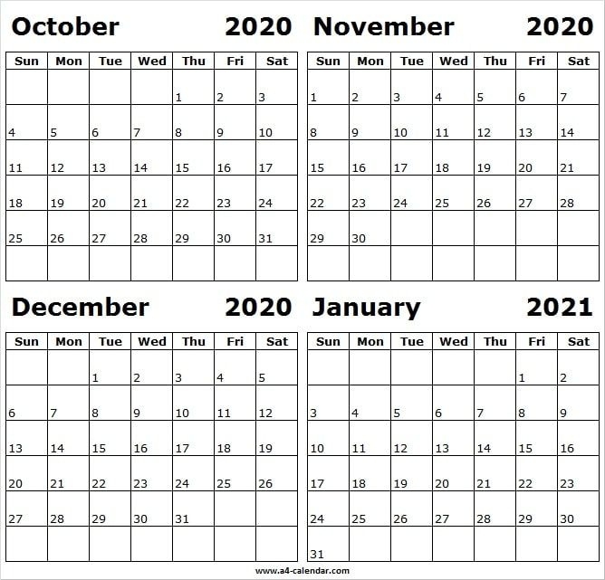 October 2020 To January 2021 Calendar A4 Template - Month Of Oct 2020 In 2020 | 2021 Calendar August 2021 Calendar Nz