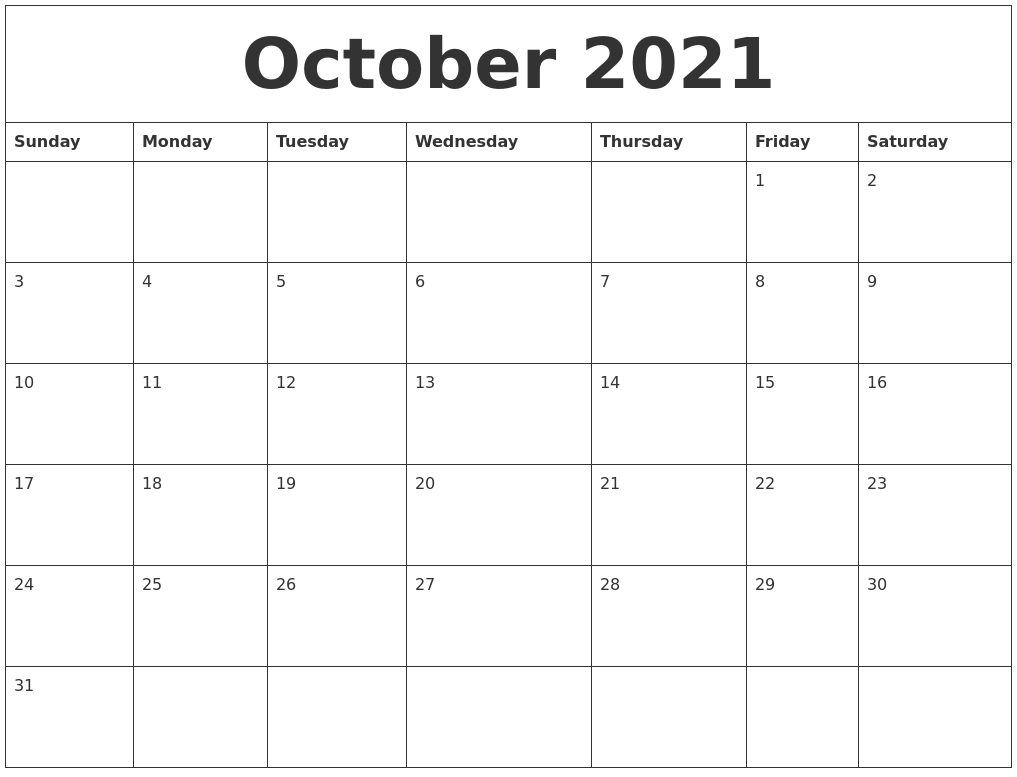 October 2021 Calendar 2021 Calendar Of October