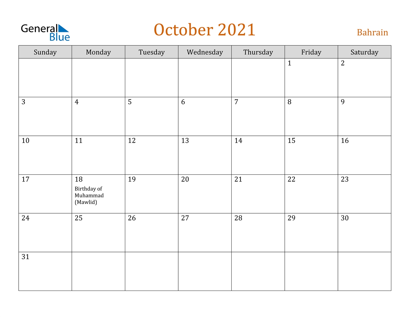 October 2021 Calendar - Bahrain Calendar For October 2021