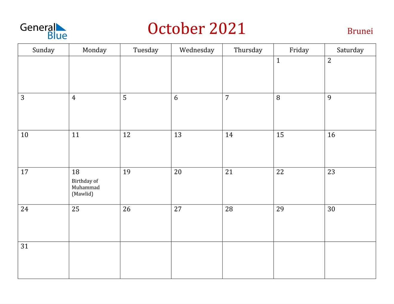 October 2021 Calendar - Brunei 2021 Calendar Of October