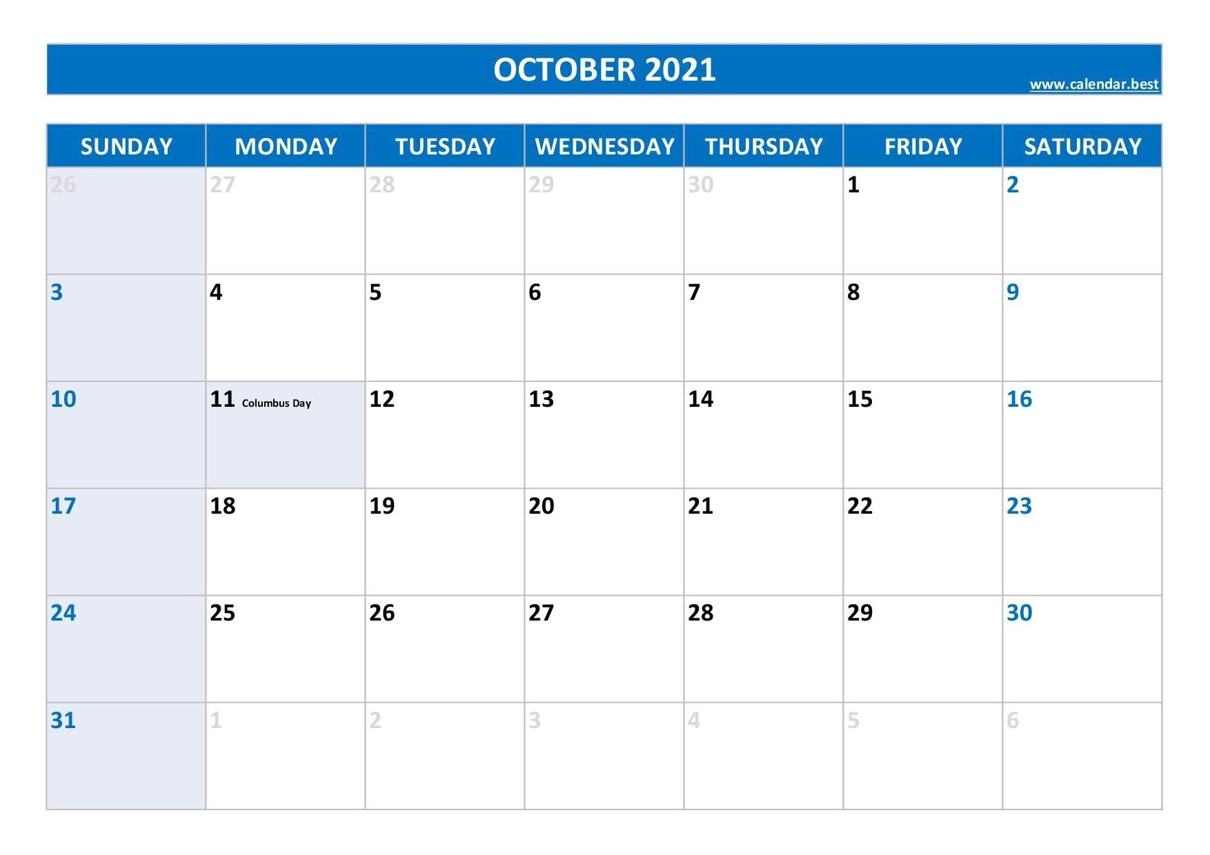 October 2021 Calendar -Calendar.best Calendar For October 2021