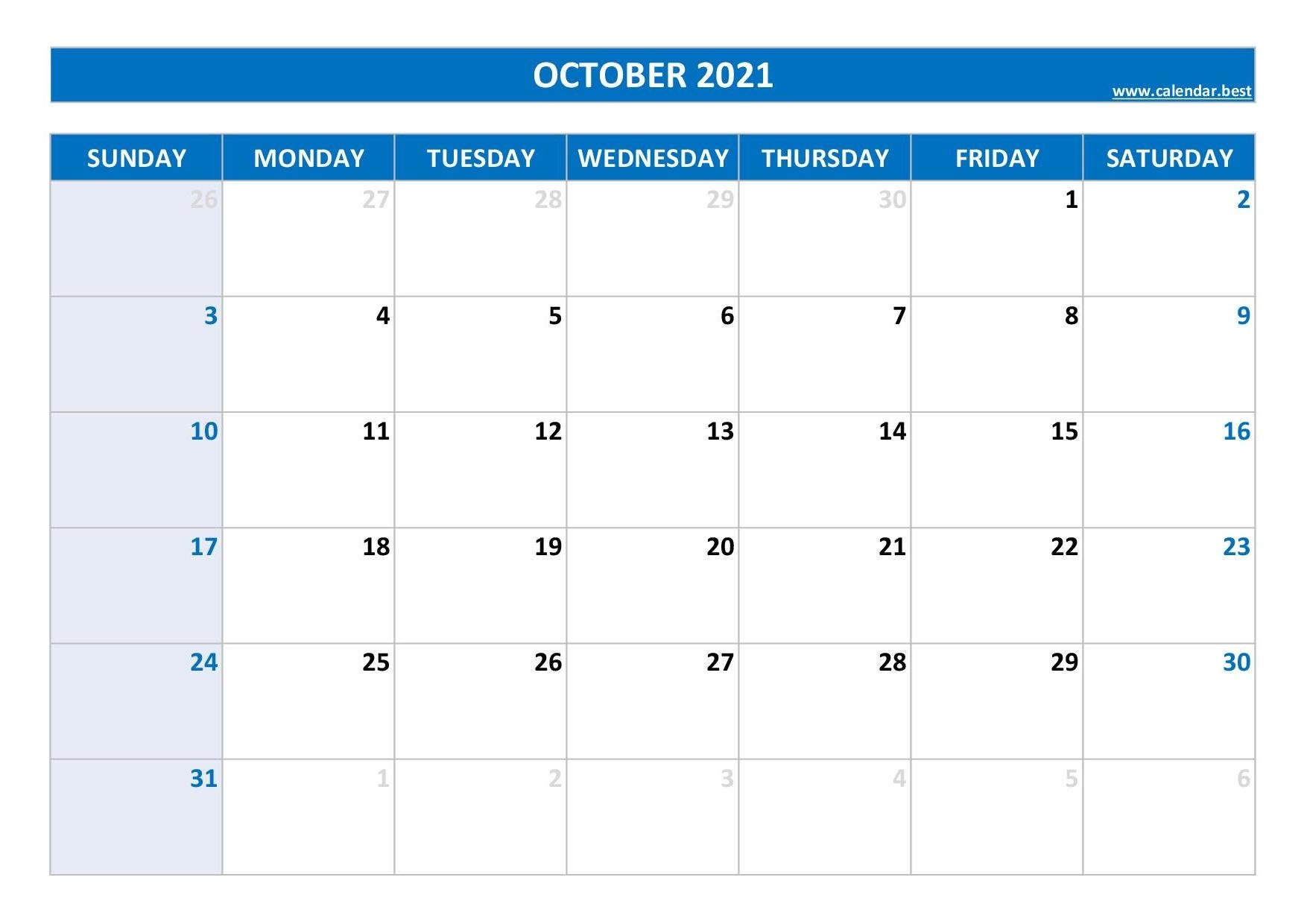 October 2021 Calendar -Calendar.best October 2021 Blank Calendar