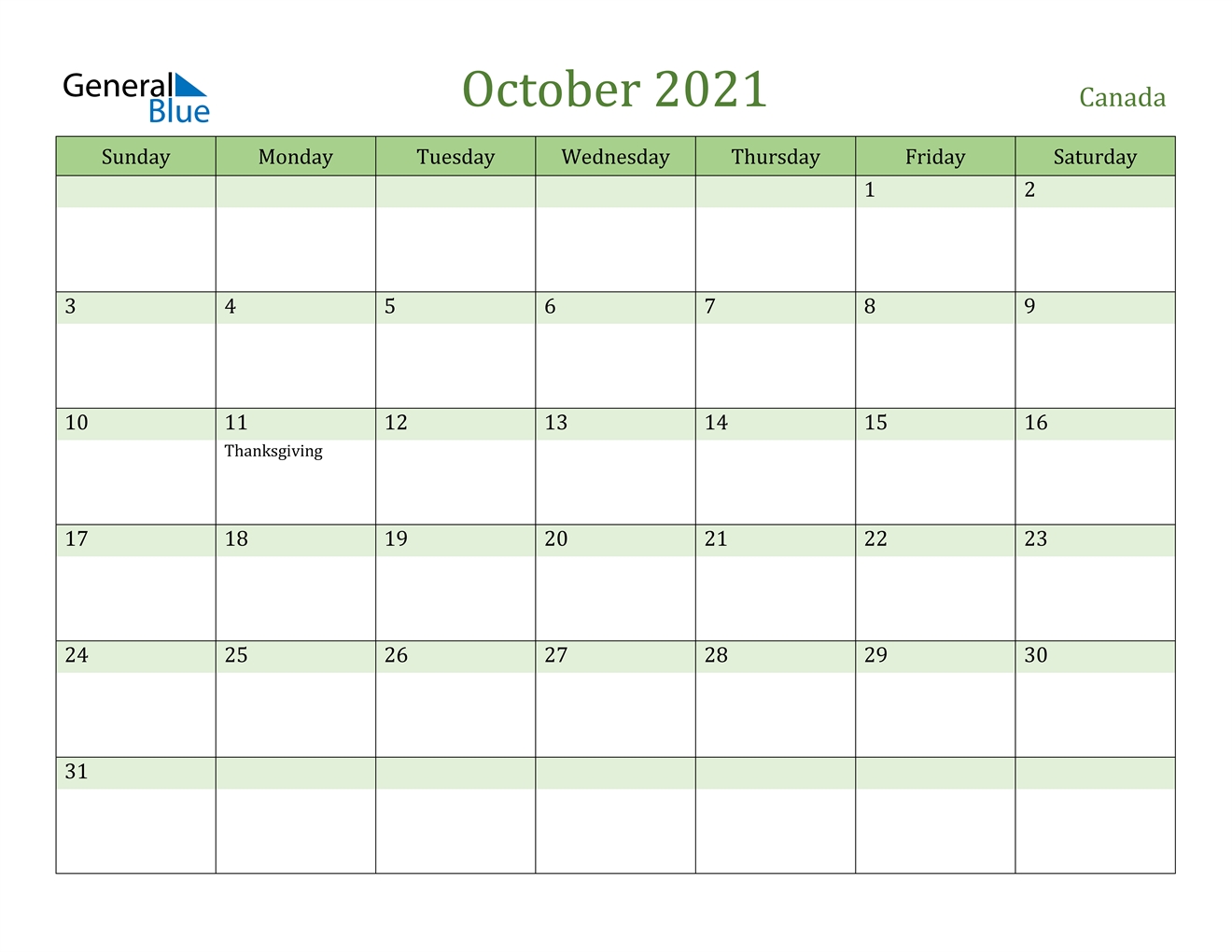October 2021 Calendar - Canada October 2021 Blank Calendar