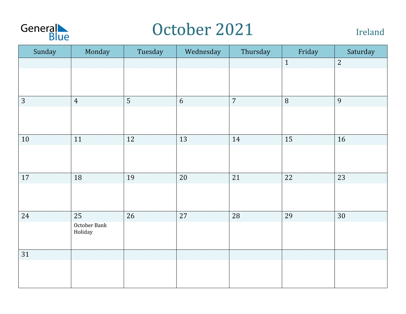 October 2021 Calendar - Ireland Print A Calendar October 2021