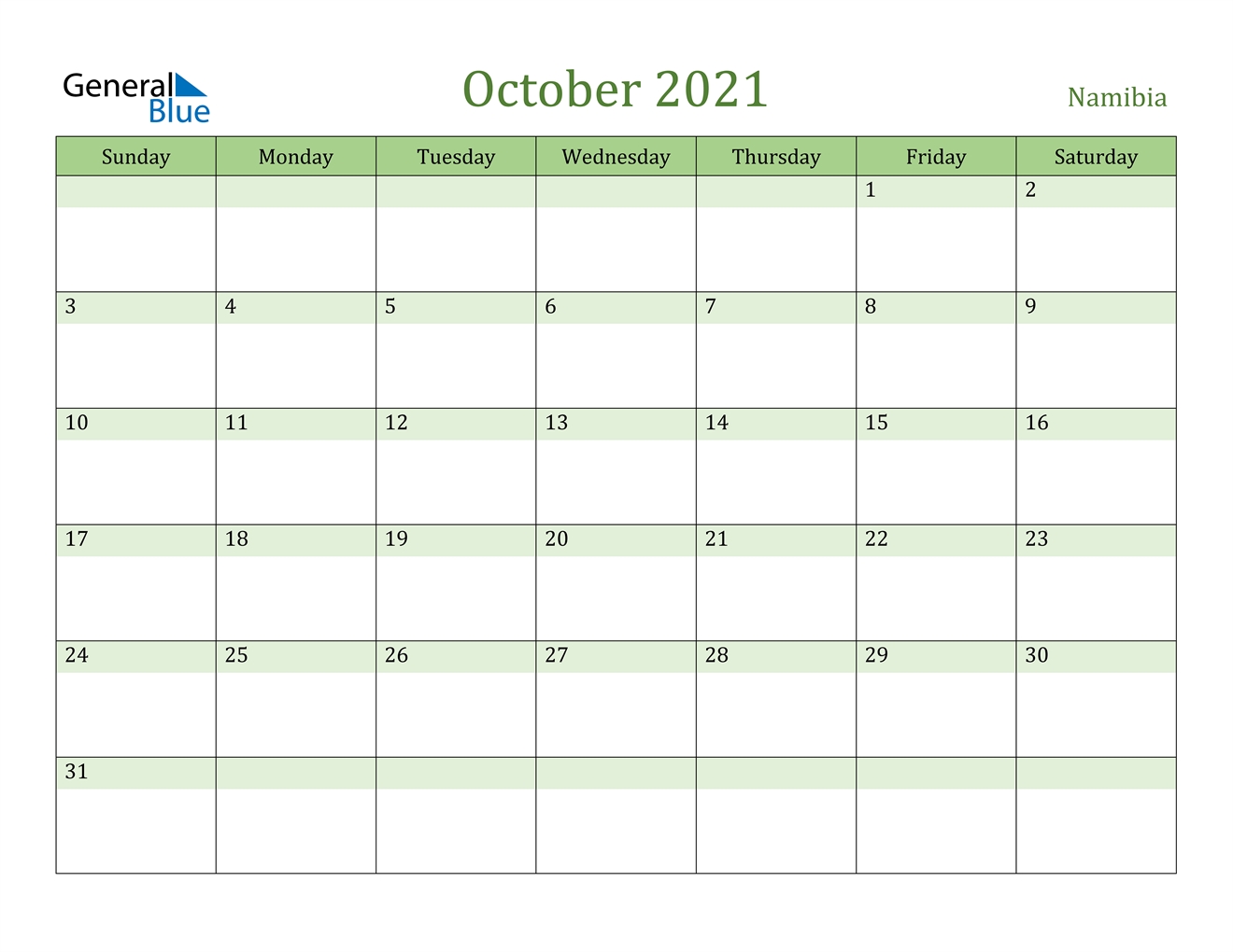 October 2021 Calendar - Namibia Calendar For October 2021