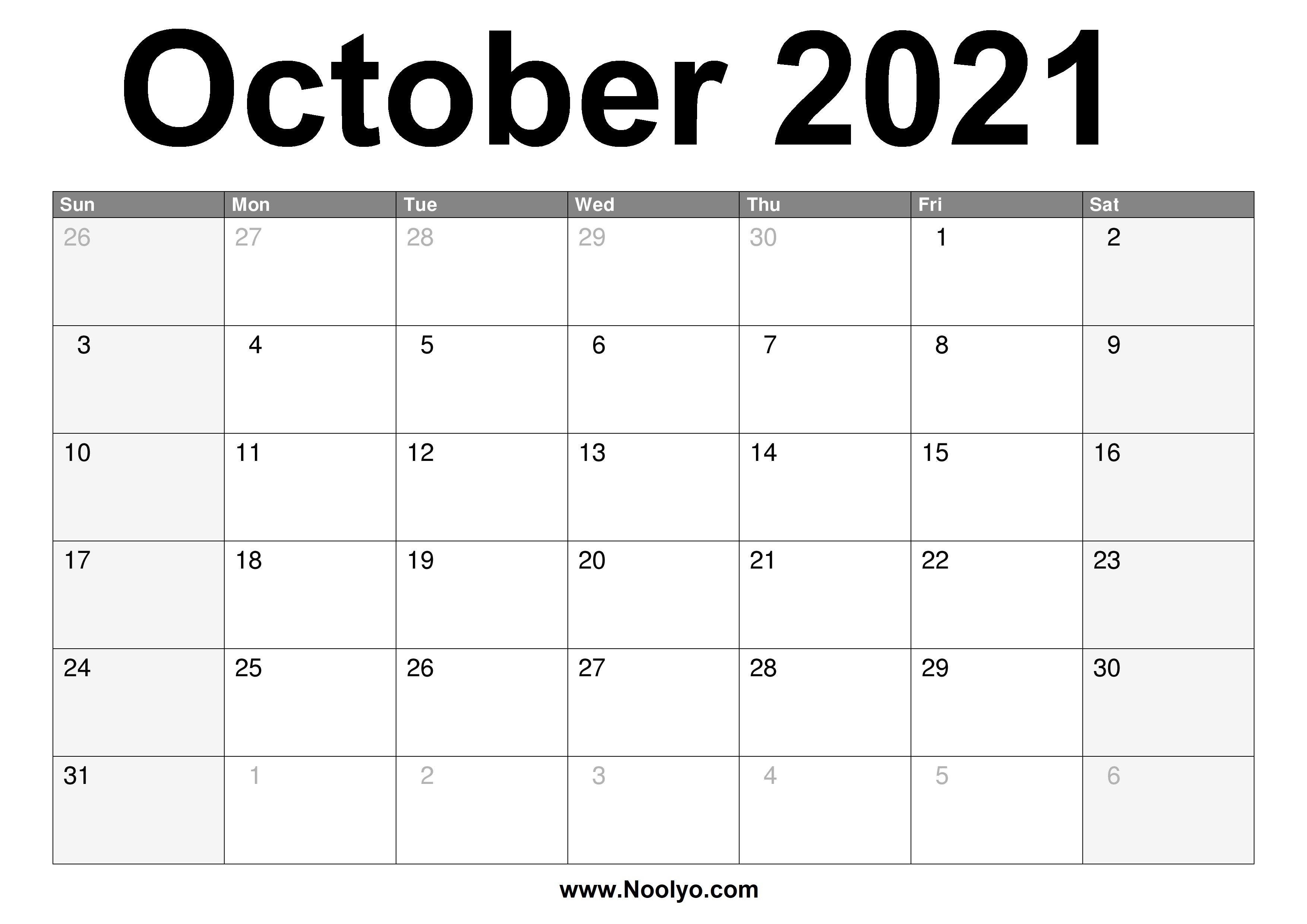 October 2021 Calendar Printable - Free Download - Noolyo Print A Calendar October 2021