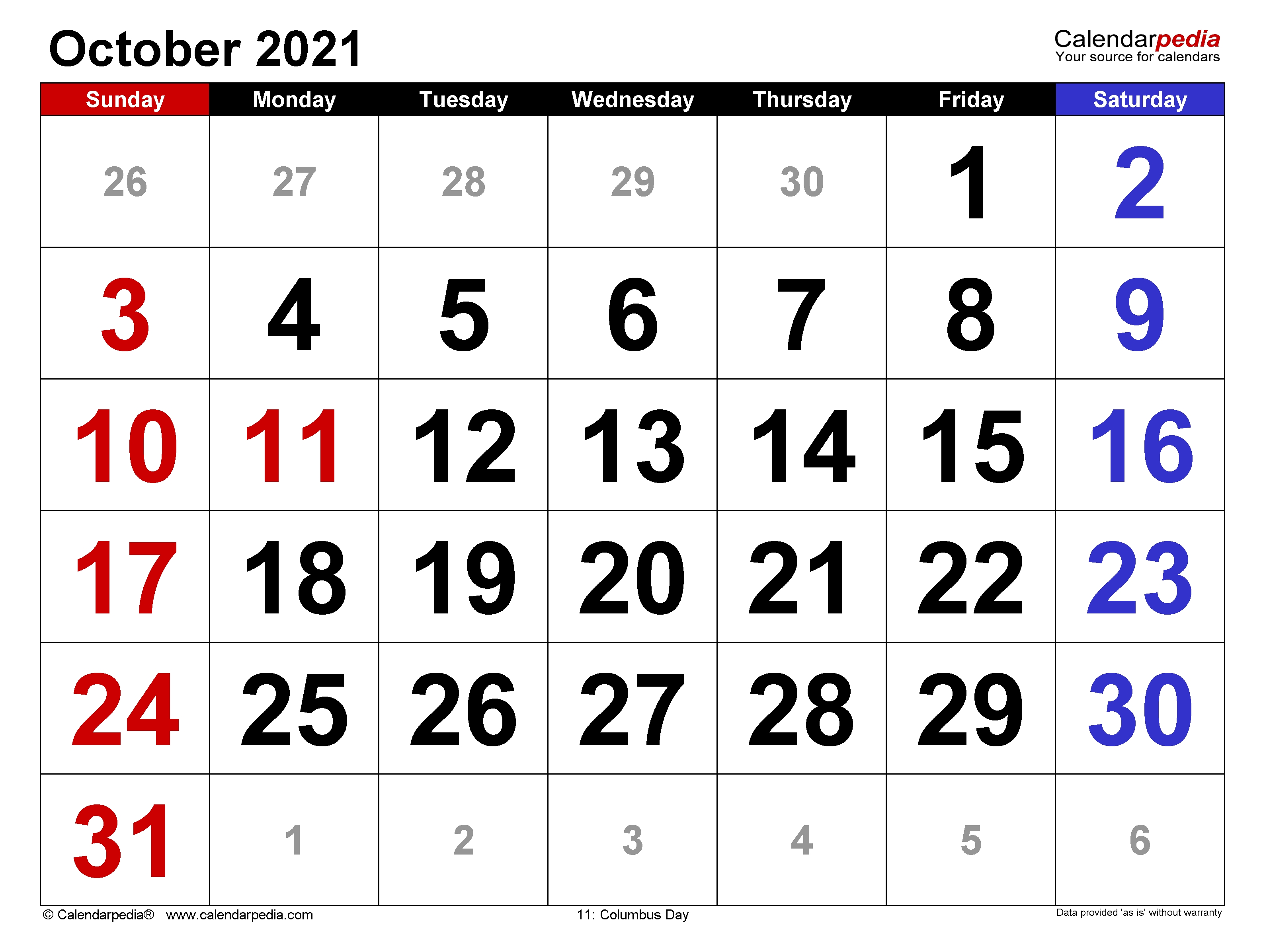 October 2021 Calendar | Templates For Word, Excel And Pdf September October November 2021 Calendar