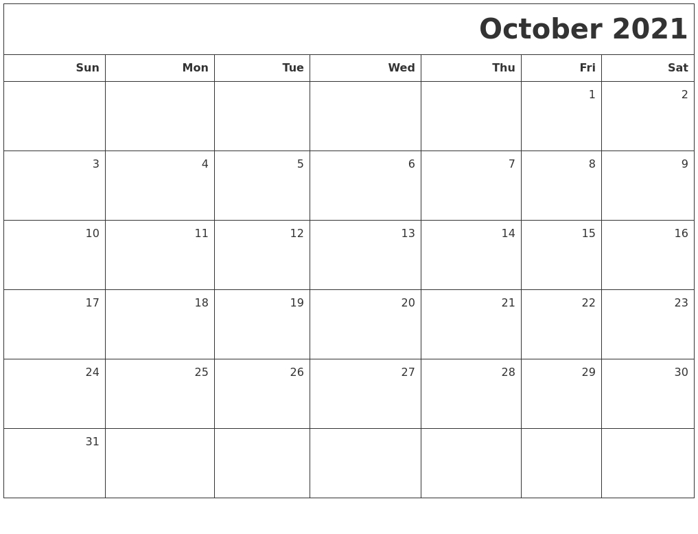 October 2021 Printable Blank Calendar 2021 Calendar Of October