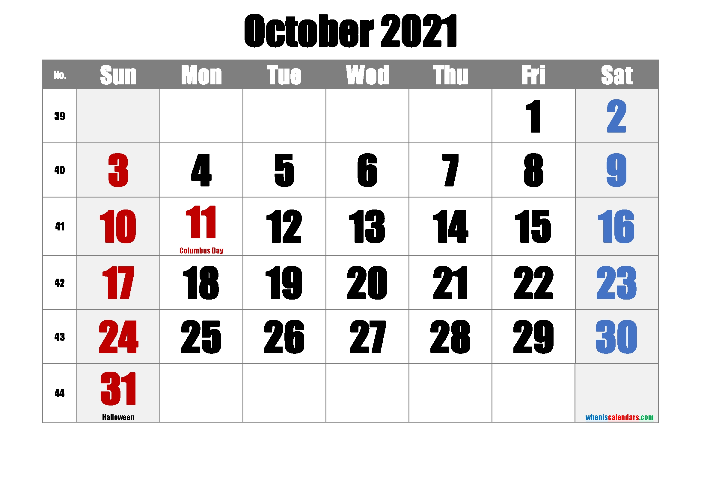 October 2021 Printable Calendar With Holidays October 2021 Calendar Free Printable