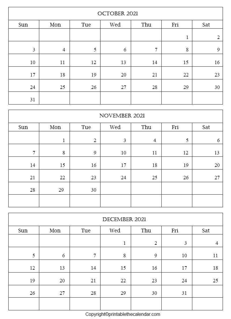 October November December 2021 Calendar [Free Printable Template] | Printable The Calendar October November December 2021 Calendar