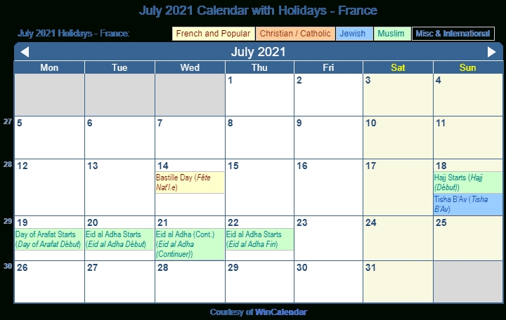 Print Friendly July 2021 France Calendar For Printing Www.wiki-Calendar.com July 2021