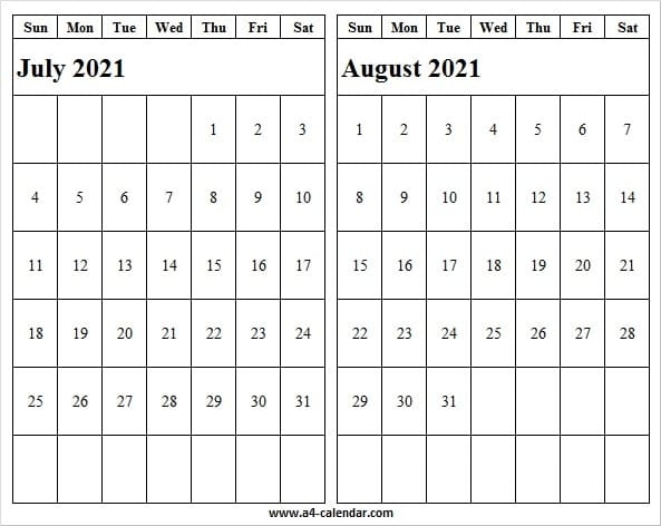 Printable A4 July August 2021 Calendar - A4 Calendar July 2021 Tithi Calendar