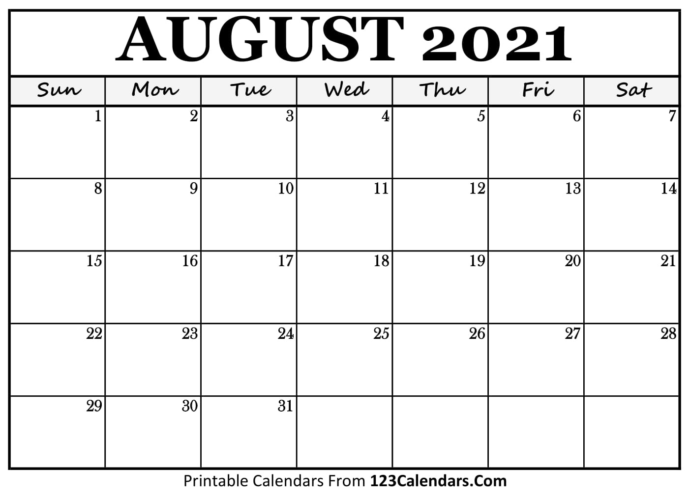 Printable August 2021 Calendar Templates | 123Calendars August 2021 Blank Calendar Printable