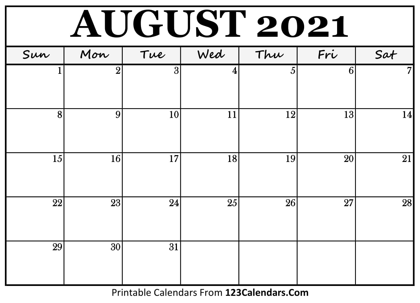 Printable August 2021 Calendar Templates | 123Calendars August 2021 Calendar Images