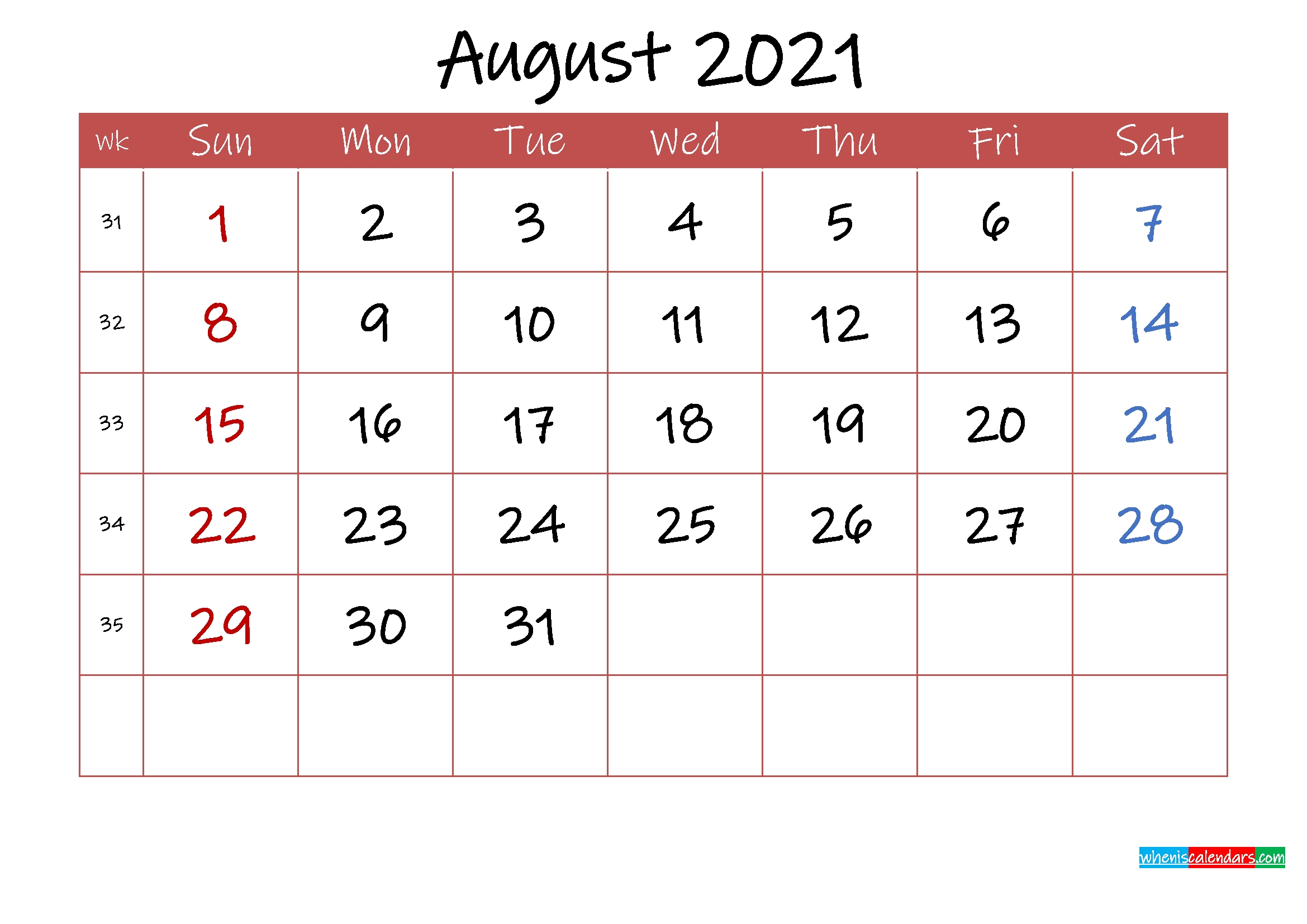 Printable August 2021 Calendar With Holidays - Template Ink21M32 - Free Printable 2021 Monthly August 2021 Calendar To Print