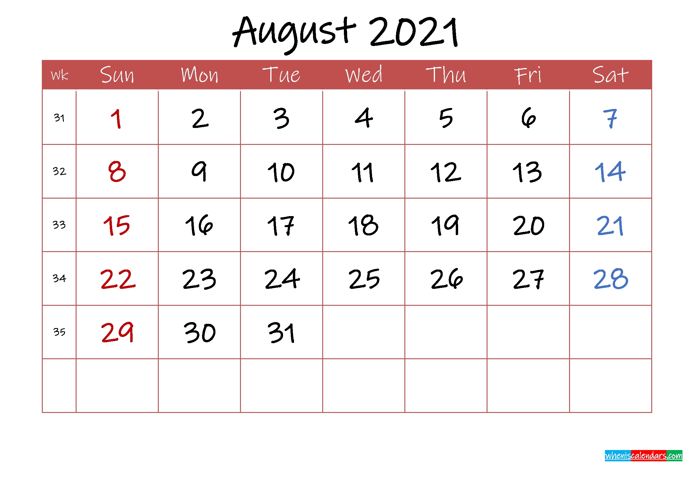 Printable August 2021 Calendar With Holidays - Template Ink21M32 - Free Printable 2021 Monthly Free Printable August 2021 Calendar
