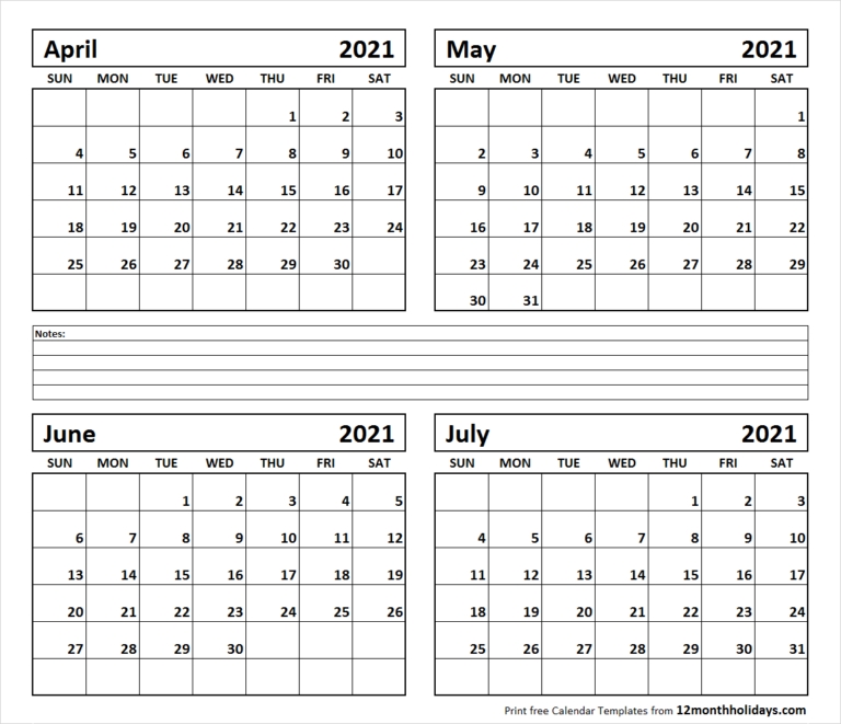 Printable Blank Four Month April May June July 2021 Calendar Template Blank April May June 2021 Calendar